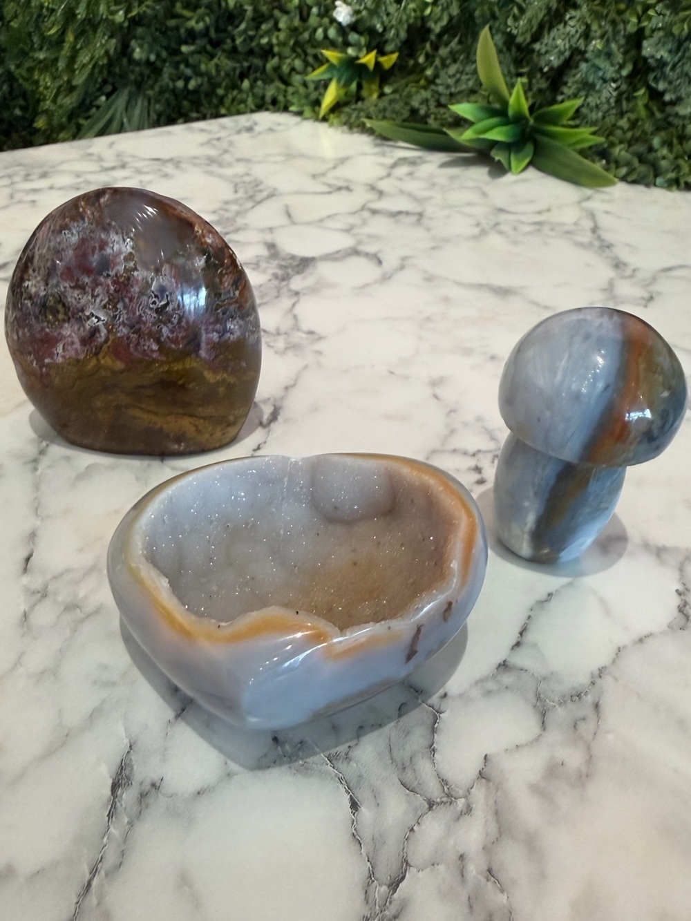 Decorative Agate Crystal Heart Bowl and Mushroom Set - Gray and Brown